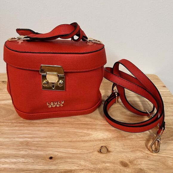 Handbags - Red Structured Box Bag Crossbody Gold Lock Top Handle Mini Vanity